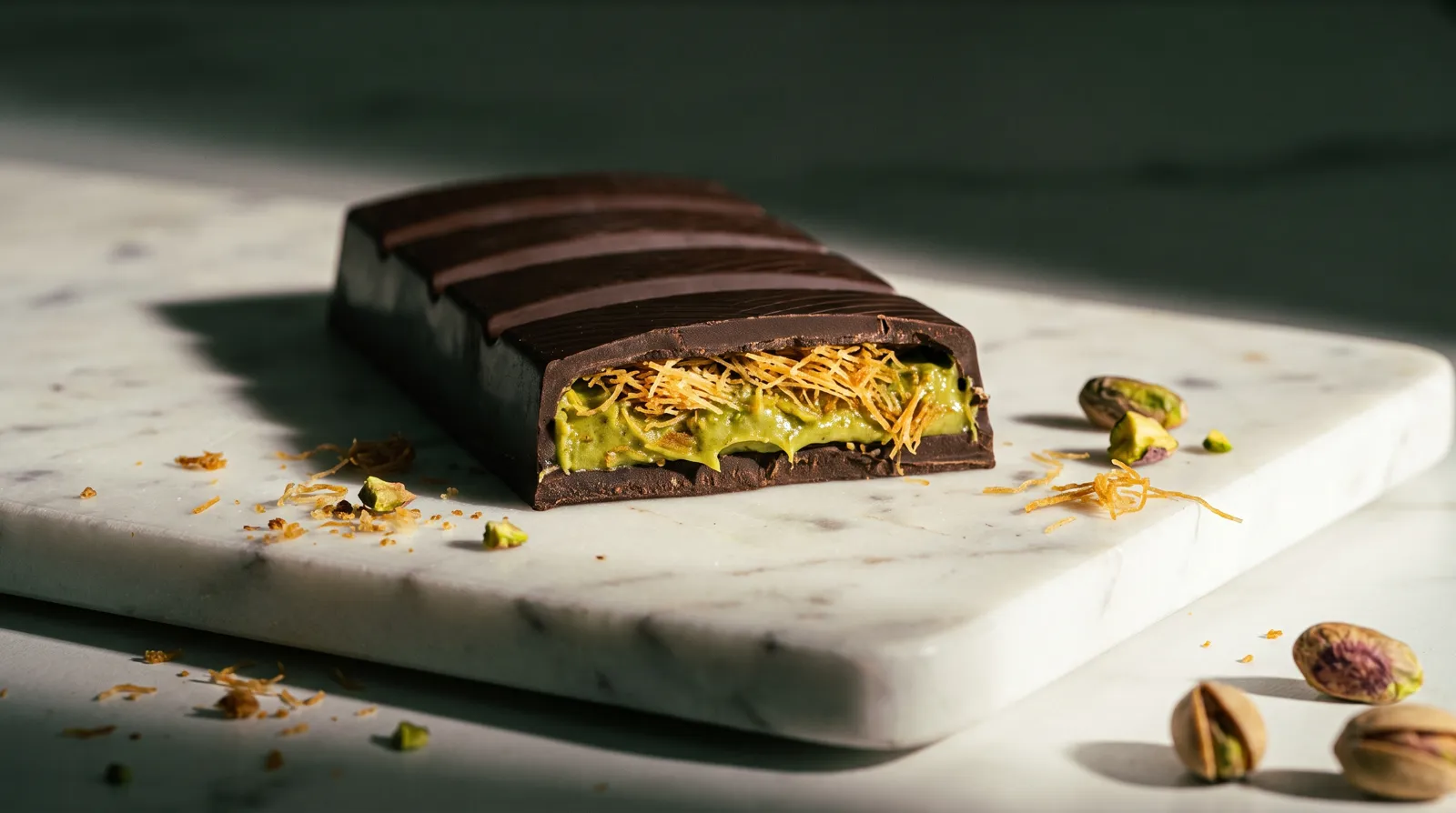 A cross-section of a pistachio-filled chocolate bar lit on a marble slab