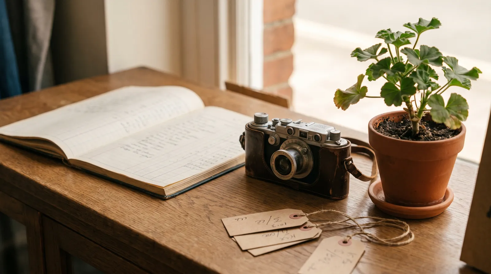 A shop counter still life: ledger, camera, price tags, the jobs Melbora carries